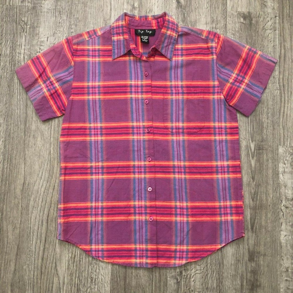 Vintage 90s Tip Top Purple Pink Yellow Plaid Short Sleeve Casual Summer Top Sz S